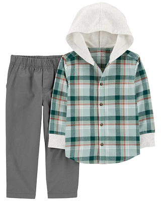 Toddler 2-Piece Plaid Hooded Button-Front & Pant Set