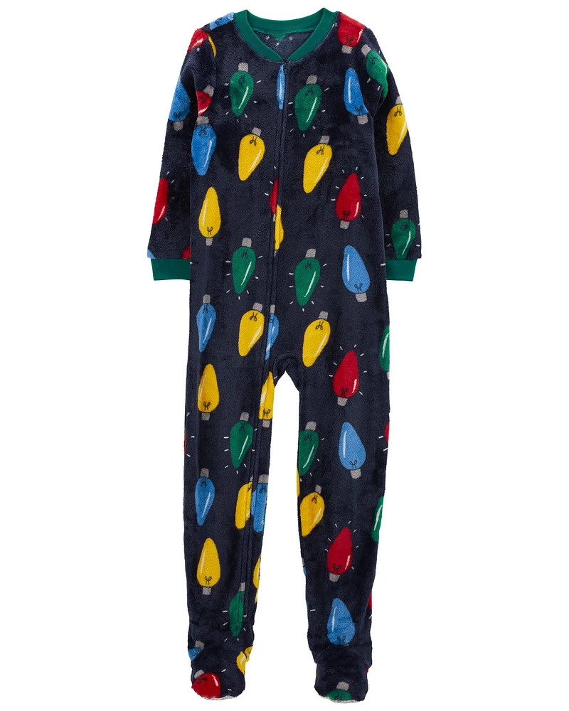 Kid 1-Piece Christmas Lights Velboa Footie Pajamas