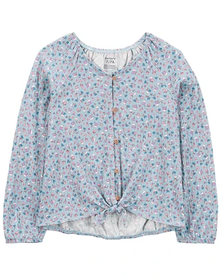 Kid Floral Gauze Long-Sleeve Button-Up Top - Blue