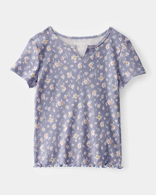 Girls Ribbed Floral Print Short-Sleeve Shirt