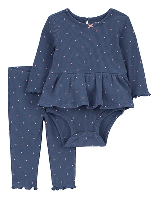 Baby 2-Piece Polka Dot Peplum Thermal Bodysuit Pant Set