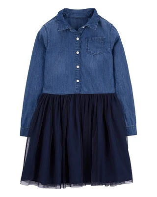 Kid Mixed Fabric Chambray and Tulle Dress