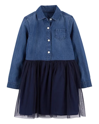 Toddler Mixed Fabric Chambray and Tulle Dress