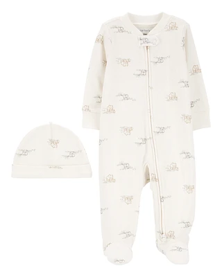 Baby 2-Piece 2-Way Zip Elephant Cotton Sleep & Play Pajamas Cap Set