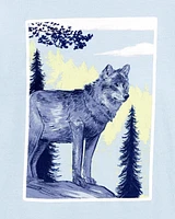 Kid Wolf-Print Long-Sleeve Graphic Tee - Blue