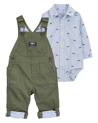 Baby 2-Piece Airplane Print Button-Down Bodysuit & Canvas Overalls Set