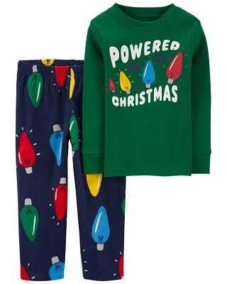 Toddler 2-Piece Christmas Lights Cotton & Fuzzy Pajamas