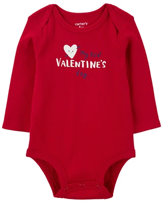 Baby Heart Valentine's Day Ribbed Long-Sleeve Bodysuit - Red