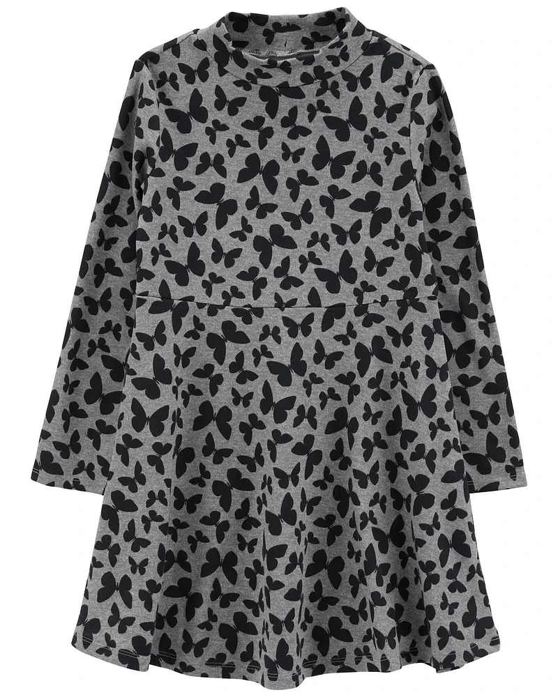 Kid Butterfly Print Mock Neck Long-Sleeve Dress