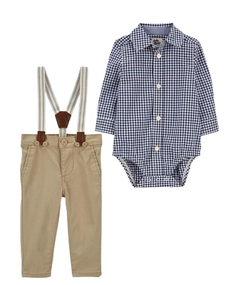 Baby 2-Piece Plaid Button-Front Bodysuit & Suspenders Pants Set