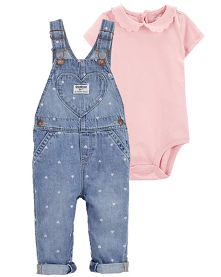 Baby 2-Piece Peter Pan Collar Bodysuit & Denim Overalls Set