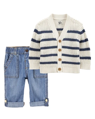 Baby 2-Piece Striped Sweater Knit Cardigan & Roll-Up Cuff Jeans Set