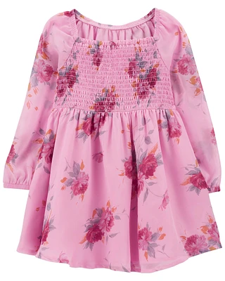 Toddler Floral Chiffon Long-Sleeve Dress - Pink