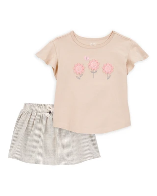 Baby 2-Piece Floral Short-Sleeve Top & Striped Skort Set - Tan/Black