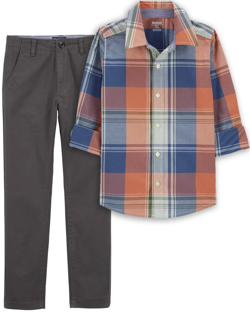 Kid 2-Piece Plaid Button-Front Shirt & Chino Pants Set