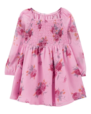 Toddler Floral Chiffon Long-Sleeve Dress - Pink