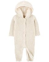 Baby Ribbed Sweater Knit Button-Front Jumpsuit - Cream