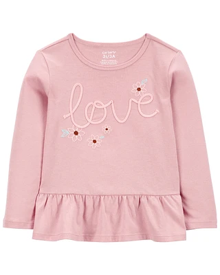 Toddler Love Long-Sleeve Peplum Top - Pink