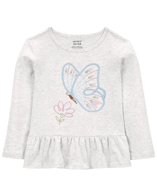 Toddler Butterfly Jersey Long-Sleeve Peplum Top - Grey