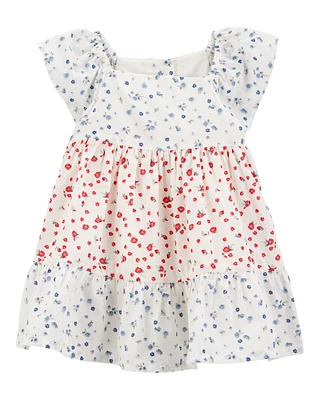 Baby Tiered Poplin Floral Print Dress - Ivory