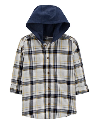 Kid Plaid Hooded Button-Down Shirt