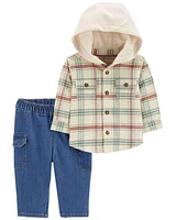 Baby 2-Piece Plaid Hooded Shirt & Pull-On Pant Set