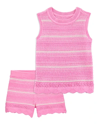 Baby 2-Piece Striped Crotchet Knit Tank & Shorts Set - Pink