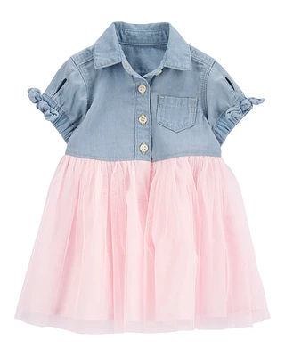 Baby Denim Shirt Dress With Tulle Skirt