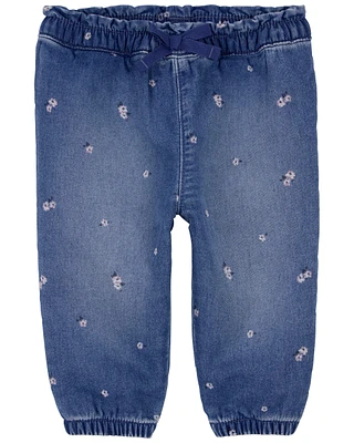 Baby Floral Print Knit-Like Denim Joggers