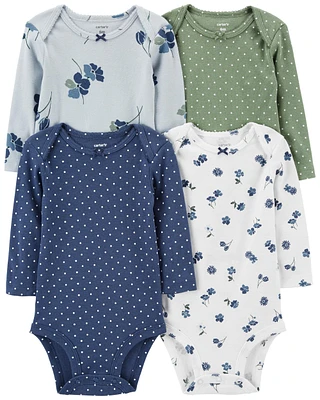 Baby 4-Pack Long-Sleeve Floral & Polka Dot Bodysuits