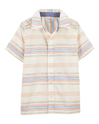 Kid Striped Denim Short-Sleeve Button-Down Shirt - Cream