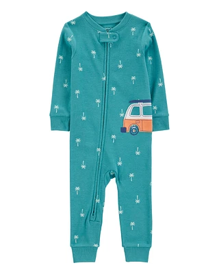 Baby Boy Car Palm Tree Snug Fit Cotton Footless 1-Piece Pajamas - Turquoise