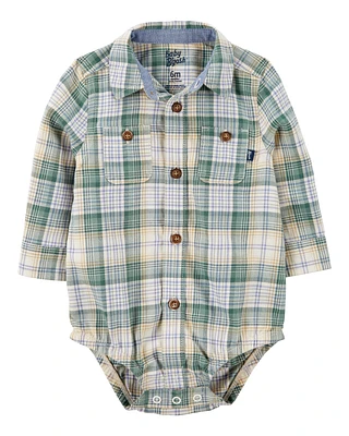 Baby Plaid Long-Sleeve Button-Down Bodysuit