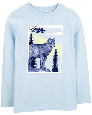 Kid Wolf-Print Long-Sleeve Graphic Tee - Blue