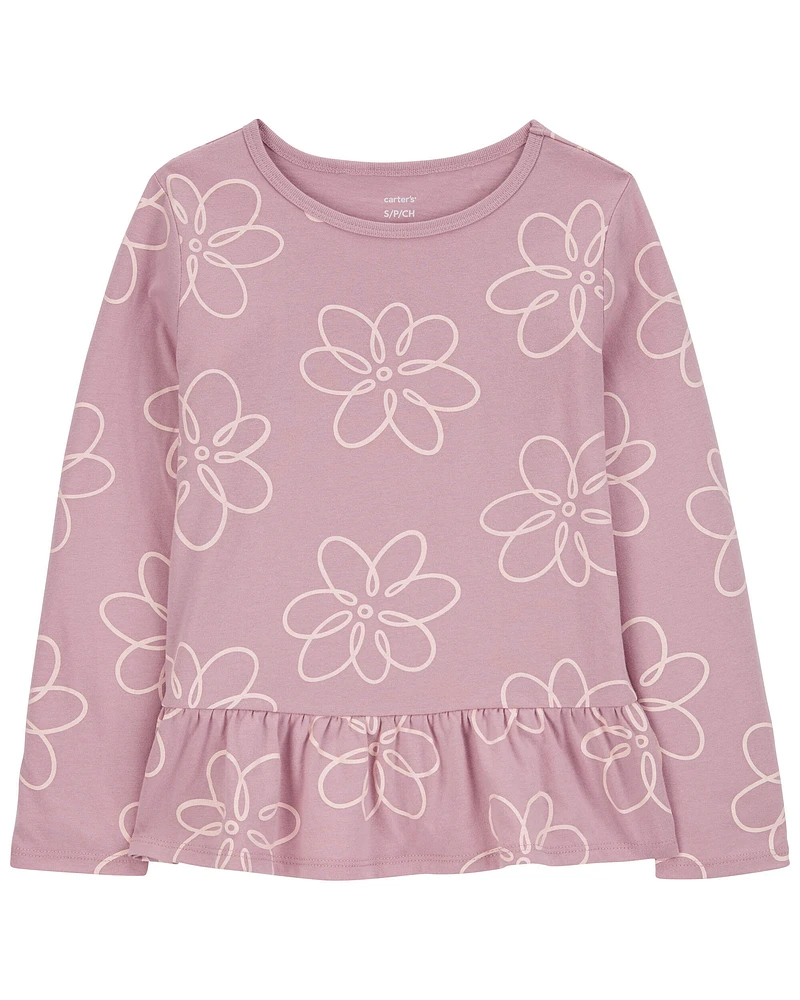 Kid Floral Long-Sleeve Peplum Jersey Tee