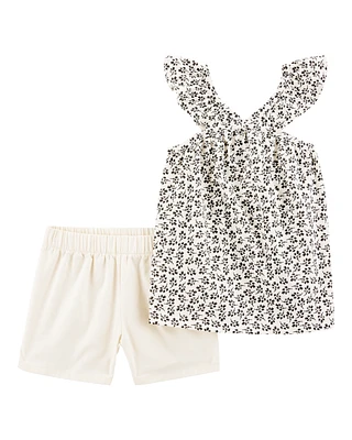 Kid 2-Piece Floral Tank & Pull-On Short Set - Black/White