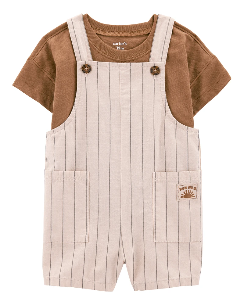 Baby 2-Piece Short-Sleeve Tee & Striped Shortall Set - Brown