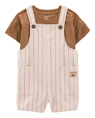 Baby 2-Piece Short-Sleeve Tee & Striped Shortall Set - Brown