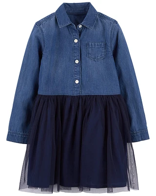 Toddler Mixed Fabric Chambray and Tulle Dress