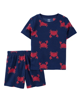 Toddler Boy Crab Print Loose Fit Waffle Knit 2-Piece Pajamas - Navy
