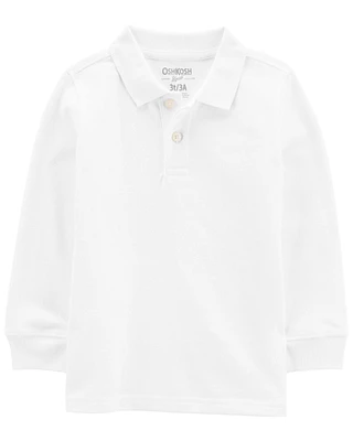 Toddler White Long-Sleeve Piqué Polo Shirt