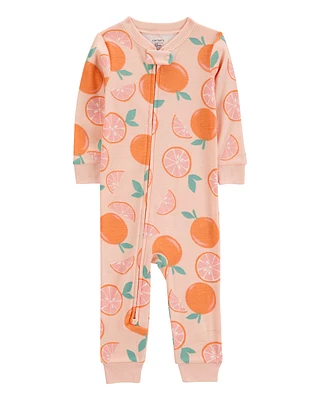 Baby Girl Orange Print Snug Fit Cotton Footless 1-Piece Pajamas - Pink