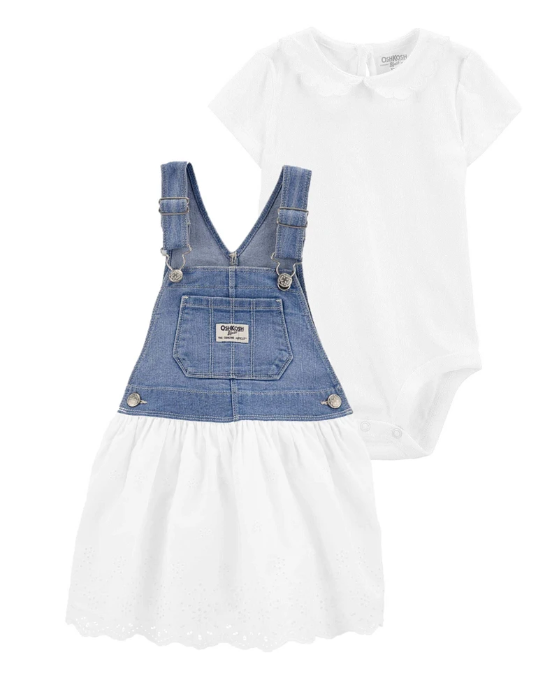 Baby 2-Piece Peter Pan Collar Bodysuit & Denim Jumper Dress Set