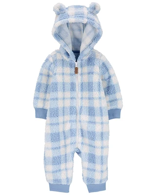 Baby Plaid Hooded Fuzzy Jumpsuit