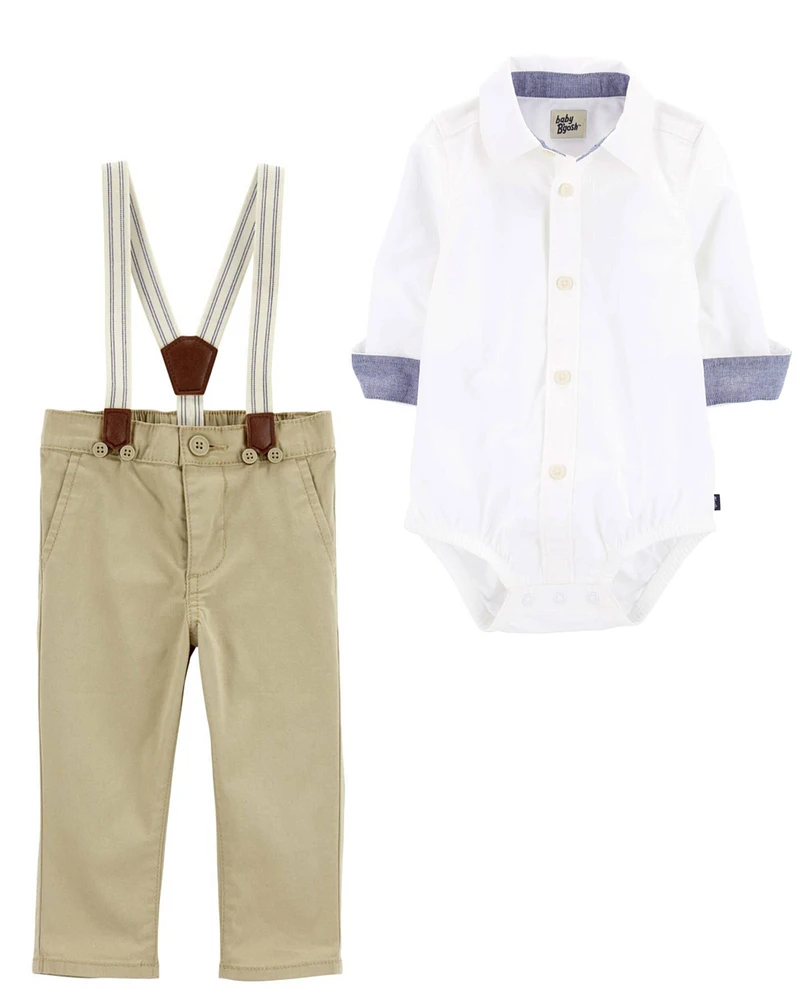 Baby 2-Piece Button-Front Bodysuit & Twill Suspender Pants Set