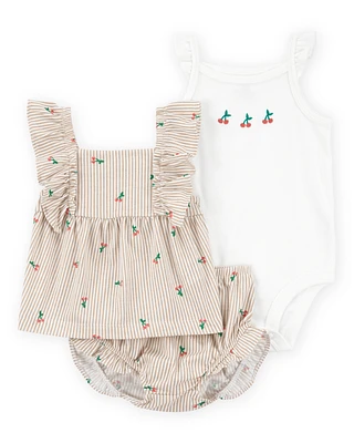 Baby Girl 3-Piece Striped Cherry Print  Outfit Set - White/Pink
