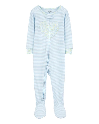 Toddler Girl Heart Striped Snug Fit Cotton Footie 1-Piece Pajamas - Blue