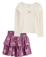 Kid 2-Piece Embroidered Ribbed Knit Top & Skirt Set