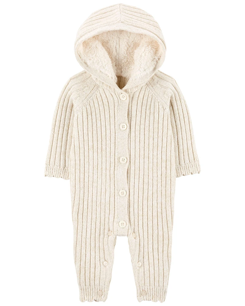 Baby Ribbed Sweater Knit Button-Front Jumpsuit - Cream