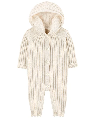 Baby Ribbed Sweater Knit Button-Front Jumpsuit - Cream